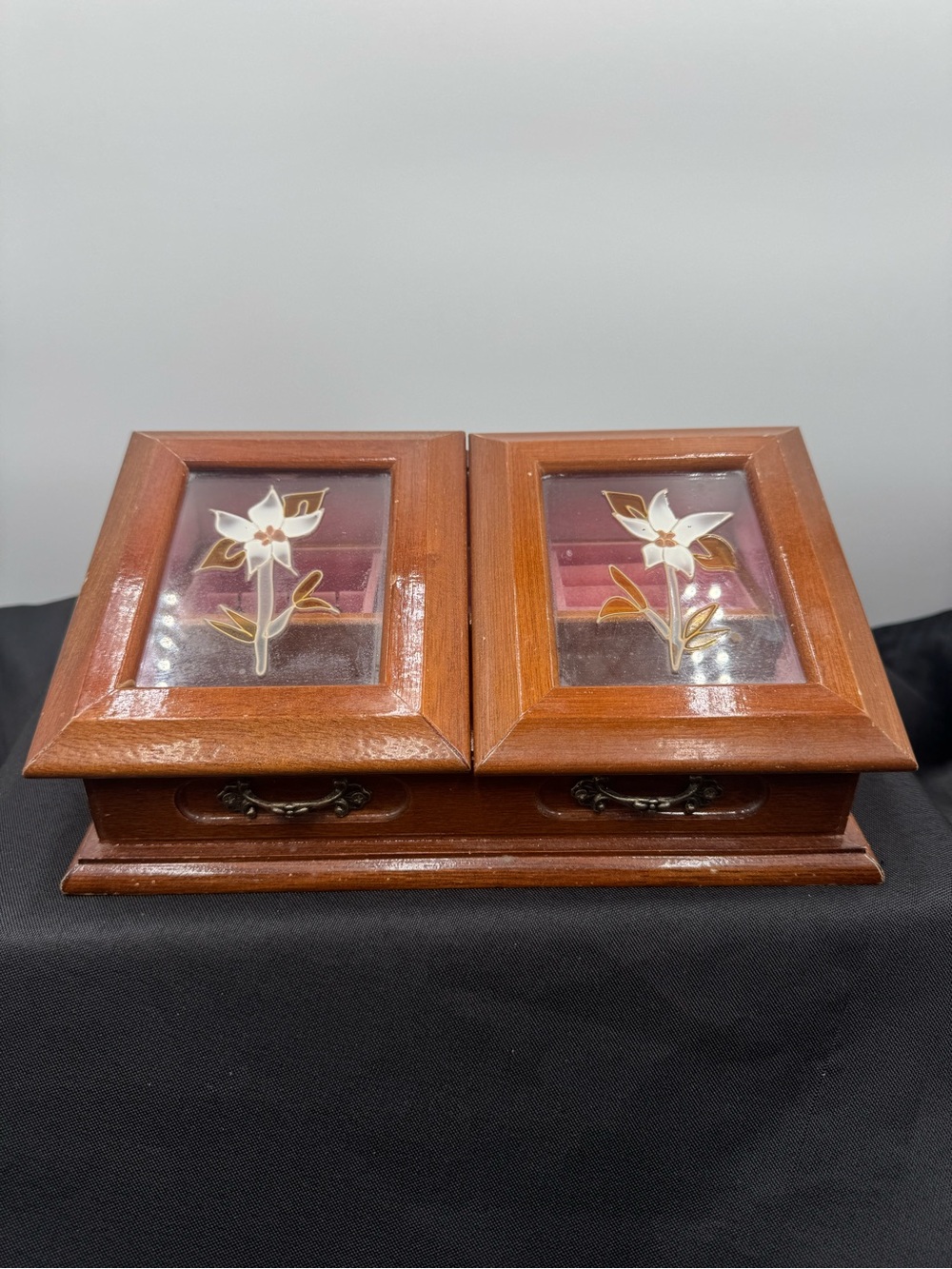 Wood-Frame Double Jewelry Organizer with Floral Glass Insets - Brown
